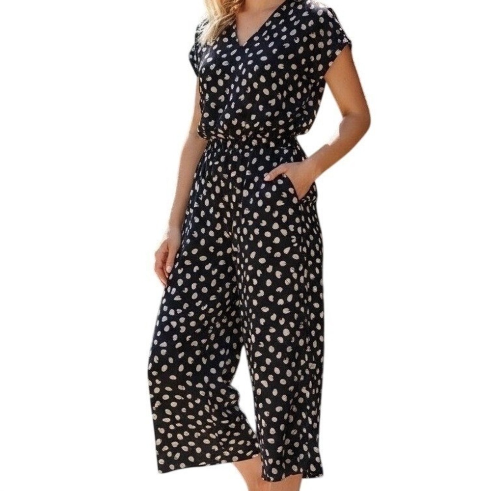 Masai Jumpsuit Women L Black White Polka Dot Cropped Wide Leg Culotte